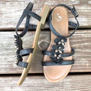 Report Black Faux Leather Beaded Flower Sandals